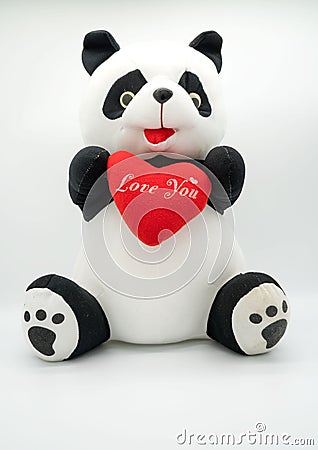 Panda doll and red heart â€œlove youâ€ isolated on white background Stock Photo